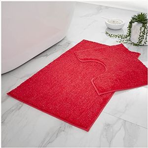 GAVENO CAVAILIA Premium 2-delige glanzende mousserende badset & antislip voetstuk mat, extra zachte badkamer toilet tapijt, diep rood, set (2 stuks)