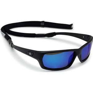Cressi Bill Sunglasses W/Lace Bril, uniseks, volwassenen, Zwart/blauw gespiegelde glazen, Eén maat
