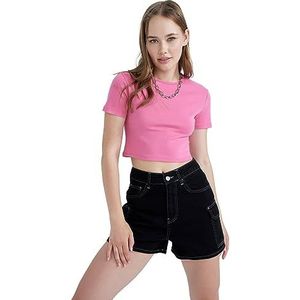 DeFacto Crop Tops voor dames, klassiek basic shirt voor dames, comfortabel T-shirt voor vrouwen, roze, XXL