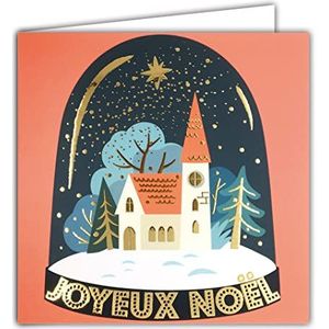 Afie 23020 vierkante kaart Vrolijk Kerstfeest in goud glanzend kerk sterren dennenboom sneeuwbal Kerstmis met envelop wit