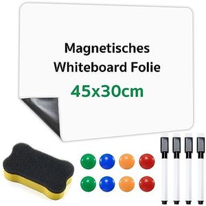 Magnetische whiteboardfolie, 45 x 30 cm, met 8 magneten spons & 4 pennen & 1 whiteboardspons, magnetisch, afveegbaar, doe-het-zelf magnetisch whiteboard, droog whiteboard, agnetfolie, zelfklevend, wit