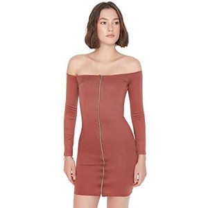 Trendyol - Gebreide Jurk - Bruin - Mini-Off-Shoulder