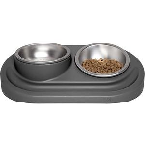 Ubbi Voerbakken voor huisdieren, een verhoogde en een platte roestvrijstalen kom met antislipmat, voerbak voor honden of katten, ergonomisch ontwerp, houtskool