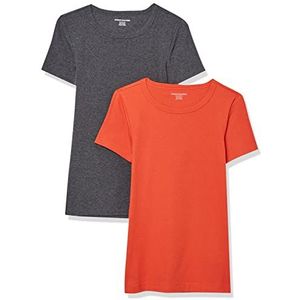 Amazon Essentials Dames Slim-Fit T-shirt met korte mouwen en ronde hals, set van 2, antraciet heather/tomatenrood, XS