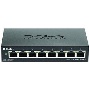 D-Link DGS-1100 Series 8-Port Gigabit Smart Managed Switch met VLAN support, layer 2 features, QoS, 802.3az EEE, Fanless