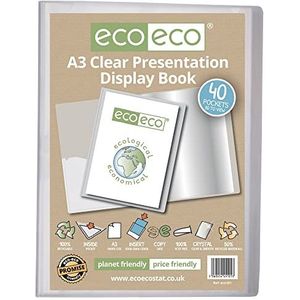 eco-eco A3 Maat 50% Gerecycleerd 40 Pocket Clear Presentatie Display Book, Opbergkoffer Portfolio Art Folder met Plastic Sleeves, eco101