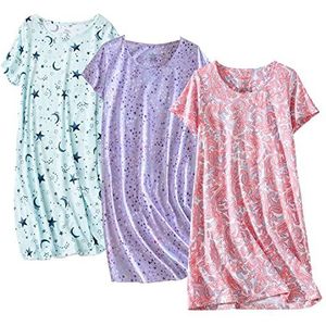 PNAEONG 3-pack katoenen nachtjapon nachtkleding korte mouwen shirt casual print sleepdress, Set 4, XXL