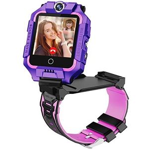 ele ELEOPTION 4G Smartwatch voor kinderen, GPS-smartwatch met 360° dubbele camera, wifi, videogesprek, SOS, stappenteller, IP67 waterdicht, smartwatch voor meisjes en jongens, paars