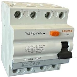 4-polige aardlekschakelaar, 40 A, 30 mA: bescherm je elektrische installaties met dit hoogwaardige product en bied veiligheid en vertrouwen in al je elektrische projecten.