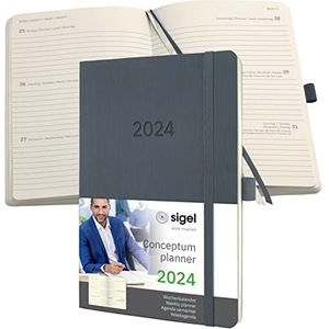 SIGEL C2436 afsprakenplanner weekkalender 2024, ca. A5, donkergrijs, softcover, 192 pagina's, elastiek, penlus, archieftas, PEFC-gecertificeerd, Conceptum