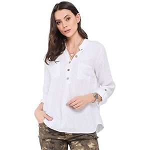 Bonateks Tuniek top voor dames, 100% linnen, Made in Italy, blouse met Tunesische kraag en knoopsluiting, met zakken aan de voorkant, wit, maat: S, Wit, S