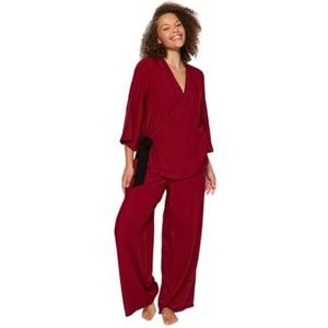 Trendyol Dames effen geweven shirt-broek plus grootte pyjama set, bordeaux, 50, Bordeaux, 50
