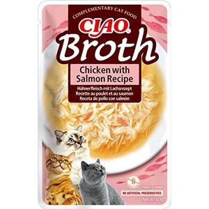 INABA Churu Broth - bouillon voor katten - snacks recept kip en zalm - onderscheidingen met dierlijke eiwitten, zonder granen, conserveringsmiddelen, kleurstoffen, slechts 16 limoen, 40 g