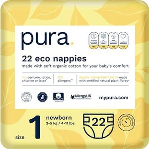 Pura Premium Eco Babyluiers Maat 1 (Pasgeboren 2-5kg / 4-11 lbs) 1 Pak van 22 Luiers, New Baby, EU Ecolabel gecertificeerd, Gemaakt van biologisch katoen, Vochtindicator, Tiny Baby