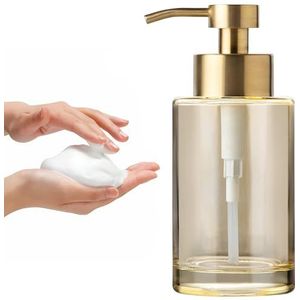 Enra Pomp voor schuimzeep, 350 ml, zeepdispenser van dik glas met pompje van roestvrij staal voor badkamer, dispenser voor afwasmiddel, zeeppompje voor badkamer, keuken, goudkleurig