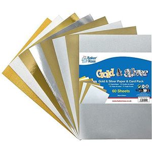 Baker Ross FX323 Goud en Zilver kaart en Papier Pak - Pak van 60 Vellen, Metaalkleurig Glitter kaart om te Knutselen, Kunst en Knutselspullen, Papier Knutselen
