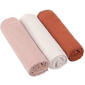 LÄSSIG Baby inbakerdeken, spuugdeken, inbakerdoek, gaasdoek, 3-delige set, katoen, 85 x 85 cm, Swaddle & Burp Blanket L roze/melk/roest