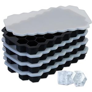 Relaxdays ijsblokjesvorm siliconen, set van 4, herbruikbaar, flexibel, voor 37 zeshoekige ijsklontjes, met deksel, zwart