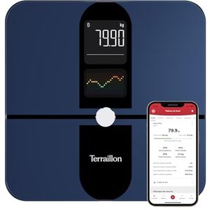 TERRAILLON - Color Connect - Bluetooth Smart weegschaal, hartslag, massa's: vet-spier-water-botten, BMI, capaciteit 180 kg, schaal 50 g, multi-kleurendisplay, blauw