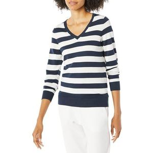 Amazon Essentials Klassieke pasvorm lichtgewicht trui met lange mouwen en V-hals voor dames (verkrijgbaar in grote maten), marineblauw wit rugby gestreept, XS