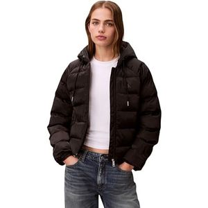 Calvin Klein Dames SATIN LICHTGEWICHT KORT LOGO PUF LV047E509G Jassen, ZWART (Zwart), XS, Zwart (zwart), XS