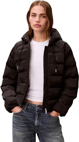 Calvin Klein Dames SATIN LICHTGEWICHT KORT LOGO PUF LV047E509G Jassen, ZWART (Zwart), XS, Zwart (zwart), XS