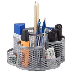 Relaxdays pennenbak, 7 vakken, draaibaar, ronde pennenhouder, gaas, bureau organizer compact, voor kantoor, zilver