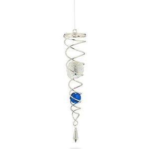 Relaxdays windspinner met glazen bollen, metaal, hangdecoratie voor binnen & buiten, HxØ: 46x5 cm, spiraal, zilver/blauw