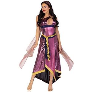 Leg Avenue 3 PC Amethyst Goddess, includes asymmetrical shimmer dress with one-shoulder buckle accent and ribbon trim, attached iridescent draping with finger loop, gold leaf sash, and headband
