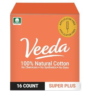 Naturalena Brands UK Limited Veeda 100% natuurlijke katoenen applicator gratis Super Plus tampons, chloor- en toxinevrij, ongeparfumeerd, 16 tellen