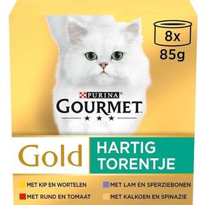 Gourmet Gold Hartig Torentje Kattenvoer, Natvoer met Rund en Tomaat, Kip en Wortelen, Kalkoen en Spinazie, Kalkoen en Sperziebonen - 8x85g - doos van 6 (48 blikjes; 4,08kg)