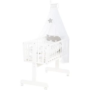 roba Babywieg Little Stars 40 x 90 cm van hout - Wieg & Wiegje - Complete bedset met vergrendelfunctie & textielinrichting - Wit/Grijs