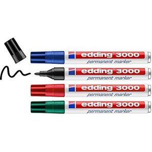 edding 3000 permanent marker - zwart, rood, blauw, groen - 4 stiften - ronde punt 1,5-3 mm - sneldrogend, water- en wrijfvast - voor karton, kunststof, hout, metaal - universele marker