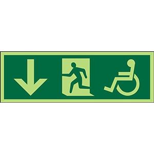 Seco DDA Fire Exit - pijl naar beneden, man loopt links, rolstoel pictogram teken, 450 mm x 150 mm - fotoluminescente zelfklevend vinyl