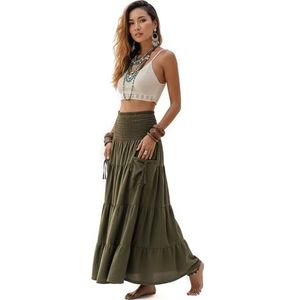 Thaluta Maxi Boho Skirt Long Pockets Cotton Hippie Bohemian Elastic Waist Gypsy Skirt Olive