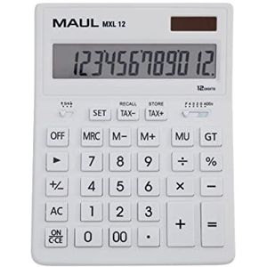 MAUL Commerciële rekenmachine MXL12 | 12 cijfers | incl. belastingberekening | schuine display | grote professionele rekenmachine | op zonne-energie | inclusief batterij | 20,5 x 15,5 cm | wit