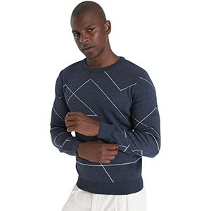 Trendyol Man Slim Basic Crew Neck Knitwear Sweater, Blauw, M