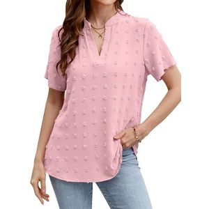 Blooming Jelly Womens White Chiffon Blouses Short Sleeve V Neck Shirts Summer Casual Polka Dot Tops(X-Large, Light Pink)