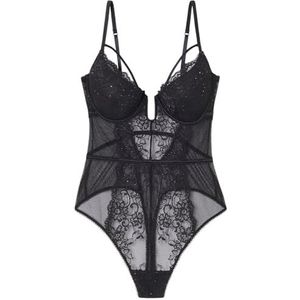 Women'secret Damesbody met pailletten, kanten collectie, zwart, 85B