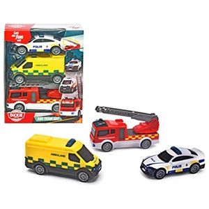 Dickie Toys 203712015DNS - 3-pack Zweedse reddingsvoertuigen - SOS-team met ambulance, brandweerauto en politieauto met vrijloop, vanaf 3 jaar