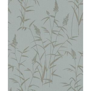 Rasch Behang 312942 - Licht vliesbehang met gestructureerde achtergrond in blauw en botanisch patroon in goudbruin - Collectie: Deco Style