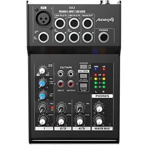 Audibax 502 Sound-mengpaneel, 5-kanaals audio-mengpaneel, microfooningang, 2 stereo-jack-equalizers, 48 V Phantom Power