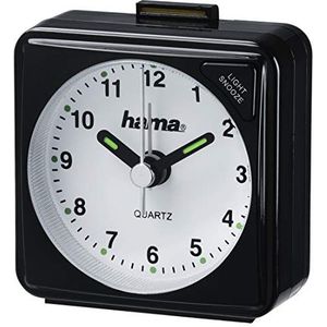 Hama analoge wekker incl. batterij (reiswekker op batterijen met sneller wordend alarm en sluimerfunctie, wekker met licht, fluorescerende uur- en minutenwijzer) zwart