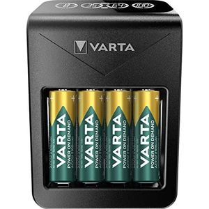 VARTA Batterij Oplader incl. 4X AA 2100mAh oplaadbaar, lader voor oplaadbare AA/AAA/C/D/9V batterijen en USB apparaten, Power on Demand LCD Charger+, opladen via één slot [Exclusief bij Amazon]