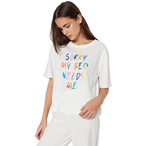 Trendyol Dames slogan gebreide T-broek pyjama set, Ecru, S