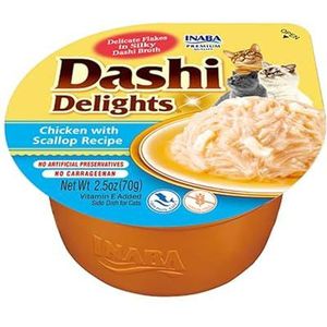 INABA Dashi Delights, delicate vlokken van kippenbouillon met sint-jakobsschelpen, natvoer voor katten met dashi-bouillon, eiwitrijke kattensnack, natuurlijke ingrediënten, aanvullende maaltijd, 1 x