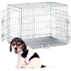 Relaxdays hondenbench, thuis & auto, HBD: 59x76x53 cm, opvouwbare bench met bodemplaat, 2 deuren, greep, staal, zilver