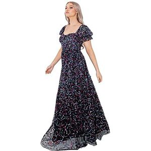 Maya Deluxe Vrouwen Dames Maxi Jurk Pailletten Versiering Korte Pofmouwen Sweatheart Hals Hoge Taille Lange Navy, Zwart, 36