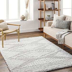Surya Tuzla Shaggy Berber tapijt, pluizig tapijt voor woonkamer, eetkamer, slaapkamer, abstract, langpolig, hoogpolig tapijt, wit, pluizig en onderhoudsvriendelijk, groot, 160 x 220 cm, grijs