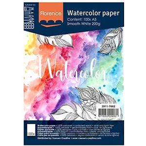 Vaessen Creative Florence Aquarelpapier, heet geperst, A5, intensief wit, 200 g/m², kunstenaarskwaliteit, glad oppervlak, 100 vellen om te schilderen, handlettering, kunstprojecten